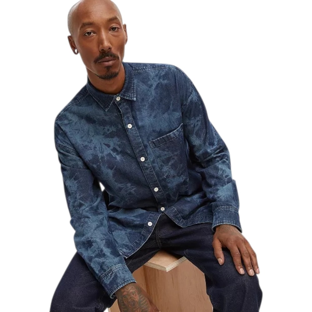 Mode of One Men's Relaxed‎ Fit Denim Button-Down Shirt Blue XXL